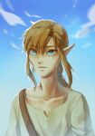  1boy blue_eyes brown_shirt cloud collarbone day earrings highres jewelry link looking_at_viewer male_focus outdoors pointy_ears ponytail psp26958748 shirt solo the_legend_of_zelda the_legend_of_zelda:_breath_of_the_wild upper_body 