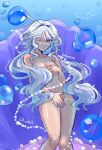  1girl absurdres aimokok blue_eyes blue_hair blue_nails clam_shell closed_mouth commentary covering_breasts covering_crotch covering_privates cowlick drop-shaped_pupils english_commentary furina_(genshin_impact) genshin_impact hair_between_eyes highres light_blue_hair long_hair multicolored_hair nude one_eye_closed simple_background streaked_hair underwater white_hair 