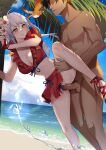  1boy 1girl beach bikini bikini_skirt bird breasts cleavage closed_mouth clothed_female_nude_male clothed_sex commentary commission cross-laced_sandals day fingerless_gloves fire_emblem fire_emblem:_radiant_dawn fire_emblem_heroes flower gloves grey_hair hair_flower hair_ornament hetero highres large_breasts leg_lift leg_up light_blush long_hair micaiah_(fire_emblem) micaiah_(summer)_(fire_emblem) navel nude ocean official_alternate_costume penis pussy_juice red_bikini red_footwear red_gloves sandals sex sex_from_behind skeb_commission standing standing_on_one_leg standing_sex swimsuit tree vaginal yellow_eyes yune_(fire_emblem) zakometti 