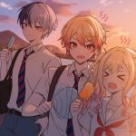  &gt;o&lt; 1girl 2boys aoyagi_touya black_hair blush cloud collarbone collared_shirt diagonal-striped_necktie fanning food frown grey_eyes grey_hair grey_pants highres holding holding_food holding_popsicle kheng_(k_heng1223) long_hair mountainous_horizon multiple_boys necktie orange_eyes outdoors pants popsicle project_sekai red_necktie sailor_collar shirt short_hair short_sleeves siblings smile sunset sweat swept_bangs tenma_saki tenma_tsukasa white_sailor_collar white_shirt 