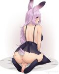  1boy animal_ears anus ass_tattoo bare_shoulders black_dress black_thighhighs breasts dress from_behind futanari heart heart_tattoo highres lips long_hair looking_at_viewer looking_back medium_breasts newhalf original penis perineum purple_eyes purple_hair rabbit_ears rabbit_girl rabbit_tail roarke_(lavenderincubus) seiza sideways_glance simple_background sitting solo tail tattoo testicles thighhighs uncensored very_long_hair white_background 
