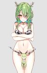  absurdres animal_print antlers bikini breasts ceres_fauna cow_print green_hair highres hololive hololive_english large_breasts mole mole_under_eye open_clothes panpanmc4 swimsuit yellow_eyes 