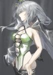  1girl absurdres animal_ear_fluff animal_ears arknights asymmetrical_hair black_coat breasts cat_ears cat_girl cat_tail coat commentary dress english_commentary green_dress green_eyes grey_hair highres kal&#039;tsit_(arknights) kal&#039;tsit_(remnant)_(arknights) long_hair navel official_alternate_costume open_clothes open_coat parted_lips sleepymonmon solo tail undressing 