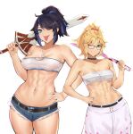 2girls abs absurdres belt belt_buckle black_hair blonde_hair blue_eyes blue_hair breasts buckle chest_sarashi choker clarent_(fate) commission cowboy_shot deccatezu denim denim_shorts english_commentary fate/apocrypha fate_(series) glass green_eyes hand_on_own_hip highres holding holding_sword holding_weapon jewelry kson looking_at_viewer mole mole_under_eye mordred_(fate) mordred_(fate/apocrypha) multiple_girls navel necklace one_eye_closed piercing ponytail sarashi short_shorts shorts small_breasts smile souchou strapless sword teeth tongue tongue_out tongue_piercing tube_top virtual_youtuber vshojo weapon white_background 