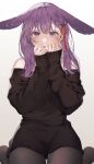  1girl :p animal_ears bare_shoulders black_pantyhose black_sweater closed_mouth commentary gradient_background hair_ribbon hands_up highres looking_at_viewer off-shoulder_sweater off_shoulder original pantyhose purple_eyes purple_hair rabbit_ears red_ribbon ribbon shimatori_(sanyyyy) simple_background sitting sleeves_past_wrists solo sweater symbol-only_commentary tongue tongue_out wariza 