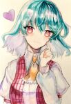  1girl :3 aqua_hair ascot collared_shirt finger_to_face hand_up heart highres kazami_yuuka light_smile long_sleeves looking_at_viewer navybluesparrow painting_(medium) plaid plaid_vest puffy_long_sleeves puffy_sleeves red_eyes red_vest shirt short_hair solo touhou traditional_media upper_body vest watercolor_(medium) wavy_hair white_background white_shirt yellow_ascot 