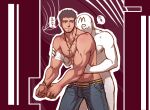  2boys artist_self-insert avenger_(dungeon_and_fighter) bandaged_arm bandages bara beard brown_hair character_request check_character cross cross_necklace dark-skinned_male dark_skin denim dungeon_and_fighter facial_hair feet_out_of_frame hug hug_from_behind jeans jewelry kulolin leaning_on_person male_focus male_priest_(dungeon_and_fighter) mature_male multiple_boys muscular muscular_male necklace nipples pants pectorals priest_(dungeon_and_fighter) short_hair smile standing topless_male translation_request yaoi 