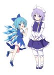  2girls blue_bow blue_eyes blue_footwear blue_hair blue_skirt blue_vest blush bow cirno closed_mouth fairy full_body hair_bow hat highres ice ice_wings lapel_pin letty_whiterock light_purple_hair long_sleeves mob_cap multiple_girls open_mouth perfect_cherry_blossom shirt shoes short_hair short_sleeves simple_background skirt smile socks suzuno_naru touhou vest white_background white_headwear white_shirt white_socks wings 