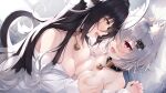  2girls absurdres after_kiss animal_ear_fluff animal_ears asymmetrical_docking bell black_collar black_hair breast_grab breast_press breasts cat_ears cat_hair_ornament cat_tail collar commentary_request fang grabbing grey_hair hair_between_eyes hair_ornament hasumi_(hasubatake39) highres kuon_(hasumi_(hasubatake39)) looking_at_another medium_breasts multicolored_hair multiple_girls naked_shirt neck_bell open_clothes open_mouth open_shirt original pink_eyes saliva saliva_trail setsuna_(hasumi_(hasubatake39)) shirt streaked_hair tail tongue tongue_out yellow_eyes yuri 