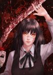  1girl absurdres black_hair blood blood_splatter chainsaw_man collared_shirt cross_scar guro highres honey_brush long_hair looking_at_viewer neck_ribbon ribbon ringed_eyes scar scar_on_cheek scar_on_face scar_on_nose severed_head shirt spine stylized_blood yoru_(chainsaw_man) 