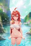  1girl breasts collarbone cowboy_shot groin hair_between_eyes large_breasts looking_at_viewer lorelei_(pokemon) navel outdoors pokemon red_hair see-through sky solo standing stomach swimsuit wading water wet yugen99 