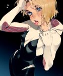  1girl black_background blonde_hair blue_eyes bodysuit breasts commentary english_commentary freckles gradient_background gwen_stacy highres hood looking_at_viewer marvel open_mouth optionaltypo piercing short_hair small_breasts solo spider-gwen spider-man:_into_the_spider-verse spider-man_(series) spider-verse tongue tongue_out tongue_piercing 