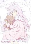  1girl ^_^ animal_ears cat_ears cat_girl cat_tail closed_eyes closed_mouth doll_hug frills highres long_hair long_sleeves lying nightgown object_hug on_side original pillow pink_hair pink_nightgown smile stuffed_animal stuffed_toy tail teddy_bear tyakomes 