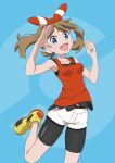  1girl :d aqua_background bare_arms bike_shorts blue_eyes bow_hairband breasts brown_hair clenched_hand collarbone commentary_request eyelashes gensei00 hairband hands_up happy highres leg_up may_(pokemon) open_mouth poke_ball_symbol pokemon pokemon_(game) pokemon_oras red_hairband shirt shoes shorts sleeveless sleeveless_shirt smile solo white_shorts yellow_footwear 