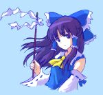  1girl alternate_color ascot blue_background blue_bow blue_shirt bow closed_mouth detached_sleeves frown gohei hair_bow hair_tubes hakurei_reimu highres holding holding_gohei long_hair long_sleeves looking_at_viewer official_alternate_color purple_eyes purple_hair ribbon-trimmed_sleeves ribbon_trim shirt simple_background solo touhou white_sleeves wide_sleeves yellow_ascot zawabug 