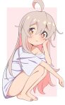  1girl :&lt; absurdres ahoge bare_arms bare_legs barefoot brown_eyes commentary eyes_visible_through_hair full_body genderswap genderswap_(mtf) godyuurei grey_hair hair_between_eyes head_rest highres light_blush long_hair looking_at_viewer no_pants off_shoulder onii-chan_wa_oshimai! oversized_clothes oversized_shirt oyama_mahiro pink_background pink_hair shirt short_sleeves simple_background single_bare_shoulder sitting solo squatting t-shirt very_long_hair white_shirt 
