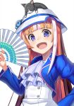  1girl akikawa_yayoi_(umamusume) animal_on_head ascot blue_eyes blue_jacket blunt_bangs brown_hair bucket_hat cat cat_on_head cropped_jacket dress flower folding_fan hand_fan hand_up hat hat_flower highres holding holding_fan jacket long_hair long_sleeves looking_at_viewer multicolored_hair on_head open_mouth raised_eyebrows simple_background smile solo streaked_hair takase_hiro umamusume upper_body white_background white_dress white_headwear 