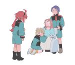  1boy 3girls ahoge asticassia_school_uniform bandaged_head bandages black_hairband black_socks blonde_hair blue_hair blush boots brown_hair closed_eyes crying english_commentary fang felsi_rollo full_body green_jacket green_shorts gundam gundam_suisei_no_majo hair_between_eyes hairband highres hospital_gown jacket lauda_neill long_hair long_sleeves low_ponytail multiple_girls oneroom-disco open_mouth petra_itta red_hair school_uniform short_hair shorts simple_background sitting smile socks spoilers standing suletta_mercury swept_bangs tears wheelchair white_background wide_sleeves 