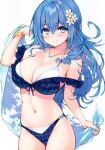  1girl absurdres bare_shoulders bikini blue_eyes blue_hair blush bow bowtie bracelet breasts cleavage closed_mouth collarbone cu-no fingernails flower frills hair_flower hair_ornament highres hisen_kaede holding holding_towel jewelry kohitsuji_ai large_breasts long_hair looking_at_viewer nail_polish navel necklace scan simple_background smile solo stomach swimsuit thighs towel 