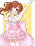  1girl arm_up armpits bare_shoulders blush border bow breasts brown_eyes brown_hair cowboy_shot dot_nose dress dress_bow funxy_k gloves hair_ornament hair_scrunchie hand_up highres idolmaster idolmaster_cinderella_girls idolmaster_cinderella_girls_starlight_stage igarashi_kyoko layered_dress long_hair looking_at_viewer medium_breasts one_eye_closed open_mouth pink_bow pink_dress pink_scrunchie scrunchie side_ponytail signature sleeveless sleeveless_dress smile solo standing starry_background white_border white_gloves yellow_background 