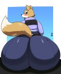  2023 absurd_res anthro big_butt biped blush bottomwear butt canid canine clothed clothing digital_media_(artwork) fox fox_mccloud hi_res huge_butt ll-ss looking_back male mammal nintendo rear_view simple_background solo star_fox thick_thighs topwear wide_hips 