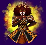  absurd_res afro bottomwear brown_hair catherine_of_aragon clothing crown domestic_cat felid feline felis female fishnet fishnet_legwear green_eyes hair headgear hi_res legwear mammal queen royalty shush six_(musical) skirt sparkles tiara vixcoon 