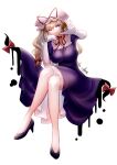  1girl absurdres bare_legs blonde_hair bloom bow breasts crossed_legs dress elbow_gloves full_body gap_(touhou) gloves hair_between_eyes hair_ribbon hat hat_ribbon high_heels highres large_breasts long_hair looking_at_viewer mob_cap purple_dress purple_eyes reaching_towards_viewer red_bow red_ribbon ribbon simple_background sitting smile solo sumishiro_8070 teeth touhou tress_ribbon very_long_hair white_background white_gloves white_headwear yakumo_yukari 