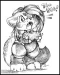  2023 angry anthro big_breasts breasts canid chibi clothed clothing dialogue english_text female greyscale holding_breast mammal monochrome o-kemono open_mouth solo tail teeth text 