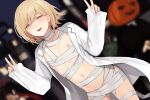  1boy 2others :d ^_^ bandages blonde-haired_boy_(sunaba_(nczd5875)) blonde_hair blue_eyes blurry blush closed_eyes coat collarbone depth_of_field double_v fang half-closed_eyes halloween halloween_costume jack-o&#039;-lantern_head lab_coat male_focus multiple_others naked_bandage navel nipples open_clothes open_coat open_mouth original otoko_no_ko short_hair smile solo_focus sunaba_(nczd5875) v 