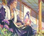  1boy 2girls absurdres black_hair black_kimono bleach bleach:_sennen_kessen-hen blue_eyes braid commentary falling_petals flower fringe_trim front_braid haori highres japanese_clothes katana kimono kusajishi_yachiru kuzen long_hair multiple_girls petals pink_eyes pink_hair porch purple_flower red_flower scar scar_across_eye short_hair shouji sliding_doors smile sword symbol-only_commentary taichou_haori unohana_retsu weapon yellow_eyes zaraki_kenpachi 