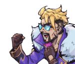  1boy :d beard blonde_hair brown_gloves clenched_hands draven facial_hair from_side fur-trimmed_jacket fur_trim gloves hands_up jacket league_of_legends male_focus open_mouth phantom_ix_row short_hair simple_background smile solo soul_fighter_draven sunglasses undercut white_background 