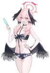  1girl bandeau bare_arms bare_shoulders bikini black_bikini black_choker black_wings blue_archive blush choker collarbone commentary_request cowboy_shot echj feathered_wings food front-tie_bikini_top front-tie_top hand_on_own_hip hand_up head_wings highres holding holding_food koharu_(blue_archive) long_hair looking_at_viewer low_twintails low_wings nail_polish navel open_mouth pink_eyes pink_hair pink_nails popsicle simple_background solo standing stomach swimsuit thighs twintails white_background wings 