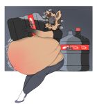 anthro belly big_belly bodily_fluids butt close_to_bursting clothed clothing digital_media_(artwork) expansion fur furr3ak hair hi_res holding_belly hyena male mammal nervous nervous_sweat rumbling_stomach simple_background solo text underwear wide_hips 