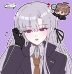  1boy 1girl black_gloves black_jacket black_ribbon blush braid brown_necktie collared_shirt danganronpa:_trigger_happy_havoc danganronpa_(series) gloves grey_shirt hair_ribbon highres holding jacket kirigiri_kyoko long_hair long_sleeves maem_(77lrik) naegi_makoto necktie notice_lines outline pink_background ribbon shirt side_braid solo_focus speech_bubble translation_request white_outline 