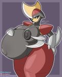  2023 absurd_res anthro areola armor belly big_belly big_breasts biped bisharp blade blade_arm bootleggz breasts cel_shading clothing digital_media_(artwork) eyelashes female frown generation_5_pokemon glistening glistening_body grey_body grey_nipples headgear headwear hi_res horn huge_belly huge_breasts humanoid looking_at_viewer navel nintendo nipples not_furry nude pokemon pokemon_(species) pregnant red_body shaded signature simple_background solo solo_focus thick_thighs 
