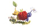  bastienquignon black_eyes blue_pikmin blue_skin carrying colored_skin flower food fruit holding holding_food holding_fruit leaf moss no_humans no_mouth oversized_food oversized_object pikmin_(creature) pikmin_(series) pointy_ears shadow white_background white_flower yellow_pikmin yellow_skin 