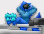  anthro armor big_breasts big_feet blue blue_body blue_fur bottomless breasts chair claws clothed clothing computer computer_monitor desk feet female female_protogen foot_fetish foot_focus freckles fur furniture furry hair hi_res hindpaw hoodie hoodie_only long_hair machine macro micro office_chair owo pawpads paws protogen sleeping sokoyo sokoyo_owo starry starry_(sokoyo_owo) table tail text thick_thighs thighs topwear topwear_only 