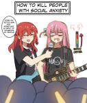  2girls =3 absurdres arrow_(symbol) black_shirt blurry bocchi_the_rock! chromatic_aberration closed_eyes commentary crowd cube_hair_ornament depth_of_field empty_eyes english_commentary english_text foaming_at_the_mouth glowstick gotou_hitori guitar hair_between_eyes hair_ornament health_bar highres hinghoi holding holding_instrument holding_microphone instrument kita_ikuyo long_hair microphone multiple_girls nervous one_side_up open_mouth pink_hair red_hair scared shaded_face shirt short_sleeves sidelocks simple_background speech_bubble trembling typo v-shaped_eyebrows very_long_hair wavy_hair wavy_mouth white_background 