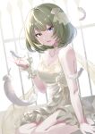  1girl absurdres bare_shoulders breasts chii_(sbshop) choker cleavage dress feathers flower green_hair hair_ornament heterochromia highres idolmaster idolmaster_cinderella_girls jewelry medium_breasts mole mole_under_eye short_hair smile solo takagaki_kaede white_dress white_flower 