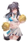  1girl absurdres animal_ears baka_(bakayaro111555) black_hair blue_archive blue_hair blush breasts breath cheerleader cleavage clothes_writing commentary_request cropped_legs dog_ears dog_girl dog_tail grin hair_between_eyes hibiki_(blue_archive) hibiki_(cheerleader)_(blue_archive) highres holding holding_pom_poms korean_commentary long_hair midriff multicolored_hair nose_blush pleated_skirt pom_pom_(cheerleading) ponytail purple_eyes simple_background skirt smile solo sweat tail white_background 