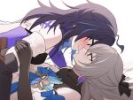  2girls back_tattoo bare_shoulders black_gloves blush breasts bronya_rand butterfly_tattoo dress earrings elbow_gloves facing_another gloves grey_eyes grey_hair honkai:_star_rail honkai_(series) imminent_kiss jewelry lix_(iroiro3843) long_hair looking_at_another multiple_girls purple_hair seele_(honkai:_star_rail) sweatdrop tattoo white_background white_dress yuri 