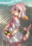  1girl beach blonde_hair blush cetacean_tail chinese_white_dolphin_(kemono_friends) closed_mouth day dolphin_girl fins fish_tail food fruit gradient_hair highres japari_symbol kemono_friends kosai_takayuki looking_at_viewer multicolored_hair outdoors pink_hair short_hair short_sleeves smile solo tail water white_hair yellow_eyes 