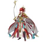  1girl black_footwear boots bow_(weapon) fire_emblem fire_emblem_fates fire_emblem_heroes frown full_body gloves halo hinoka_(fire_emblem) holding holding_bow_(weapon) holding_weapon looking_at_viewer official_alternate_costume official_art red_eyes red_gloves red_hair sheath short_hair solo weapon white_background 