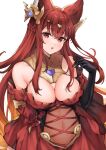  1girl :o animal_ears anthuria bare_shoulders black_gloves braid breasts cleavage dress erune gloves granblue_fantasy hair_ornament highres koretsuki_azuma large_breasts long_hair looking_at_viewer red_dress red_eyes red_hair simple_background solo white_background 