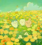  blush candy chiikawa chiikawa_(character) cloud creature day field flower flower_field food grass hachiware_(chiikawa) lollipop no_humans open_mouth orange_flower outdoors sky starshadowmagician usagi_(chiikawa) white_flower yellow_flower 