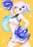  absurdres blue_hair cheerleader colored_inner_hair crop_top highres holding holding_pom_poms kurenai_rock lize_helesta long_hair multicolored_hair nijisanji open_mouth pleated_skirt pom_pom_(cheerleading) ponytail purple_eyes shirt simple_background skirt smile virtual_youtuber white_hair white_shirt yellow_background 