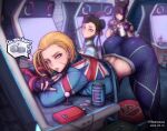  3girls ahoge arcade arcade_cabinet ass black_hair blonde_hair blue_eyes bracelet brown_eyes brown_hair cammy_white can capcom cellphone chun-li coin cropped_jacket cup dated disposable_cup double_bun drill_hair drinking drinking_straw drinking_straw_in_mouth earrings energy_tank english_commentary english_text fingerless_gloves gloves hair_bun hair_horns hair_ribbon han_juri hershuar huge_ahoge indoors jewelry leaning_on_object looking_at_viewer mega_man_(series) multicolored_hair multiple_girls pants phone pink_eyes pink_hair ribbon scar scar_on_cheek scar_on_face short_hair smartphone smartphone_case soda_can spiked_bracelet spikes spoken_object streaked_hair street_fighter street_fighter_6 tight tight_pants twin_drills twitter_username two-tone_hair union_jack 