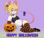  anthro blonde_hair blush bulge clothing english_text girly hair halloween hi_res holiday_message holidays legwear male mammal mouse mr-shin murid murine purple_background rodent simple_background solo text thigh_highs 