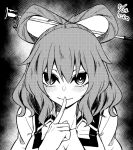  1girl blush breasts cleavage closed_mouth commentary_request dated greyscale hair_ornament hair_rings hair_stick index_finger_raised kaku_seiga kaya_rio long_hair looking_at_viewer monochrome one-hour_drawing_challenge smile solo touhou 