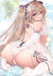  1girl absurdres akatsuki_(aktk511) anchorage_(azur_lane) anchorage_(dolphins_and_swim_lessons)_(azur_lane) azur_lane back bikini blush breasts brown_hair butt_crack cloud commentary_request crossed_bangs hair_between_eyes hair_ribbon highres large_breasts long_hair looking_at_viewer looking_back outdoors palm_tree red_eyes ribbon sarong see-through_sarong sideboob sitting sky smile soles solo swimsuit thighhighs topless tree twintails wariza white_bikini 